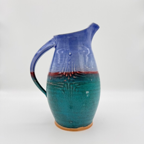 Vintage Other - Vintage Studio Pottery Pitcher Turquoise‎ Periwinkle Oxblood Art Pottery Vase